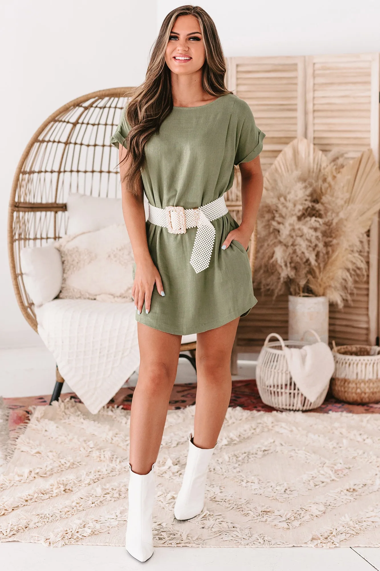 Soft Smiles Short Sleeve Shift Dress (Olive)