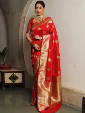 Sonorous Red Soft Silk Saree With Resonant Blouse Piece