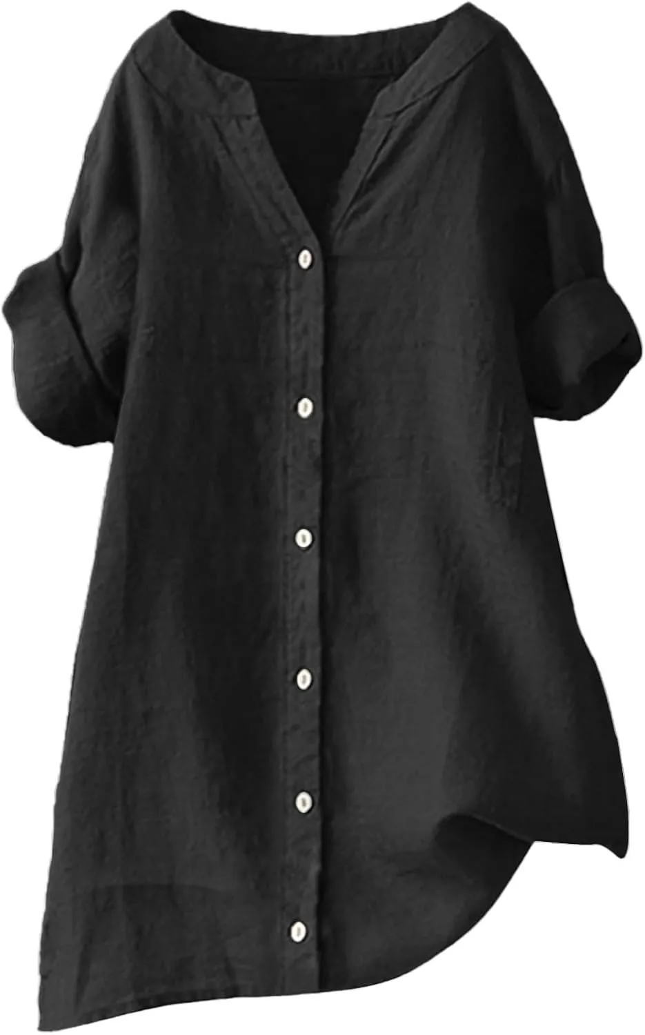 Spring Tops for Women Linen Shirt Stand Up Linen Long Sleeved Roll Up Solid Color Button Down Fashion Casual Soft Top