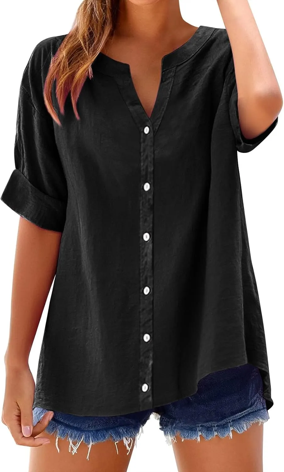 Spring Tops for Women Linen Shirt Stand Up Linen Long Sleeved Roll Up Solid Color Button Down Fashion Casual Soft Top