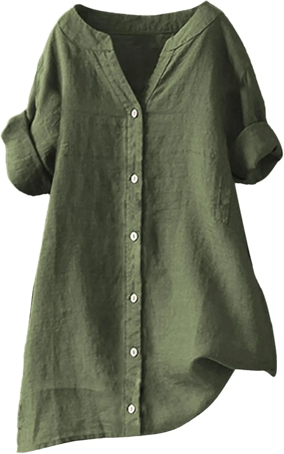 Spring Tops for Women Linen Shirt Stand Up Linen Long Sleeved Roll Up Solid Color Button Down Fashion Casual Soft Top