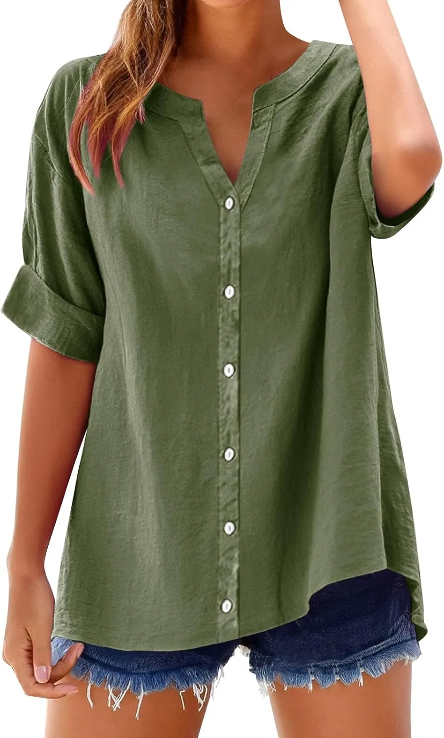Spring Tops for Women Linen Shirt Stand Up Linen Long Sleeved Roll Up Solid Color Button Down Fashion Casual Soft Top
