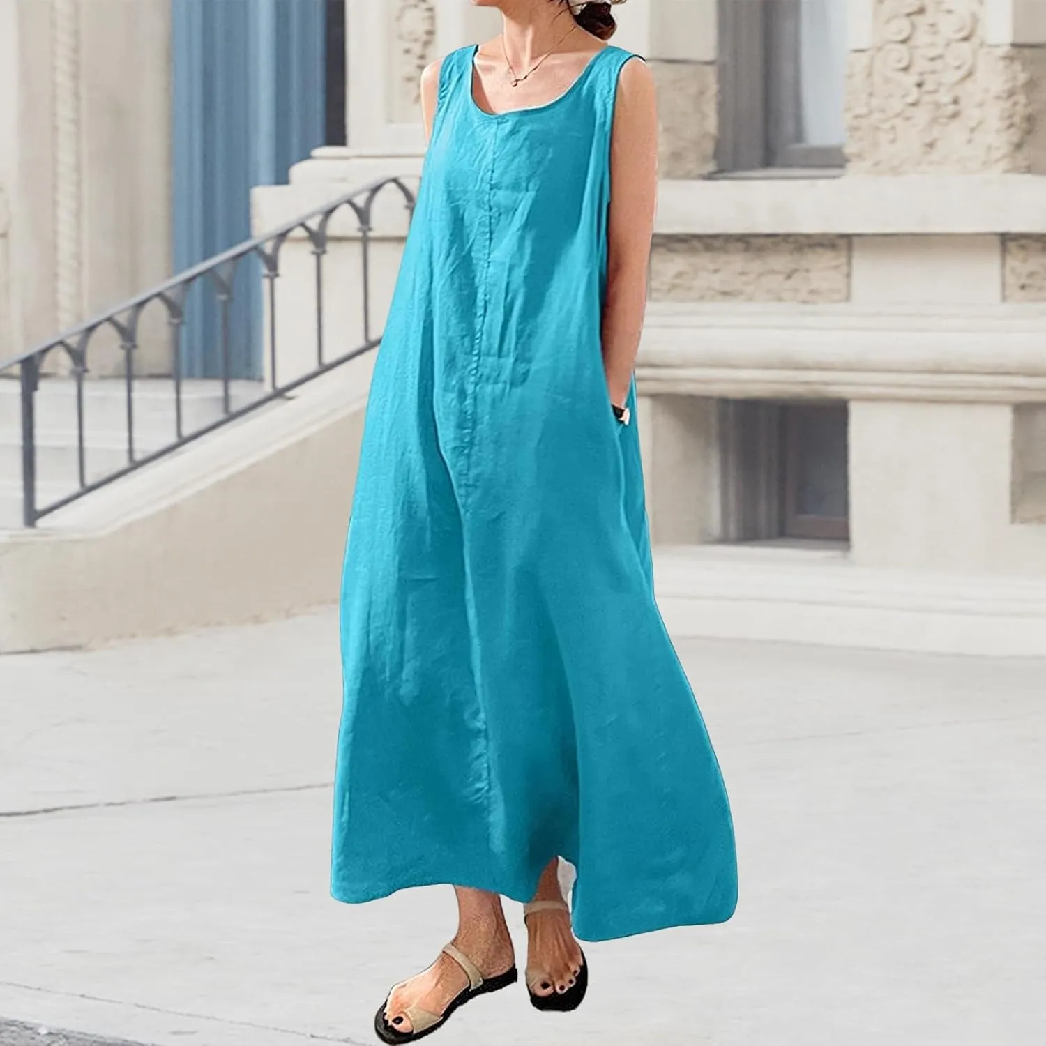 Summer Beach Dresses for Women Long Casual Cotton Linen Dress Sleeveless Tshirt Dress Flowy Sundress with Pockets