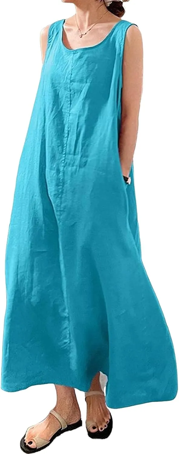 Summer Beach Dresses for Women Long Casual Cotton Linen Dress Sleeveless Tshirt Dress Flowy Sundress with Pockets