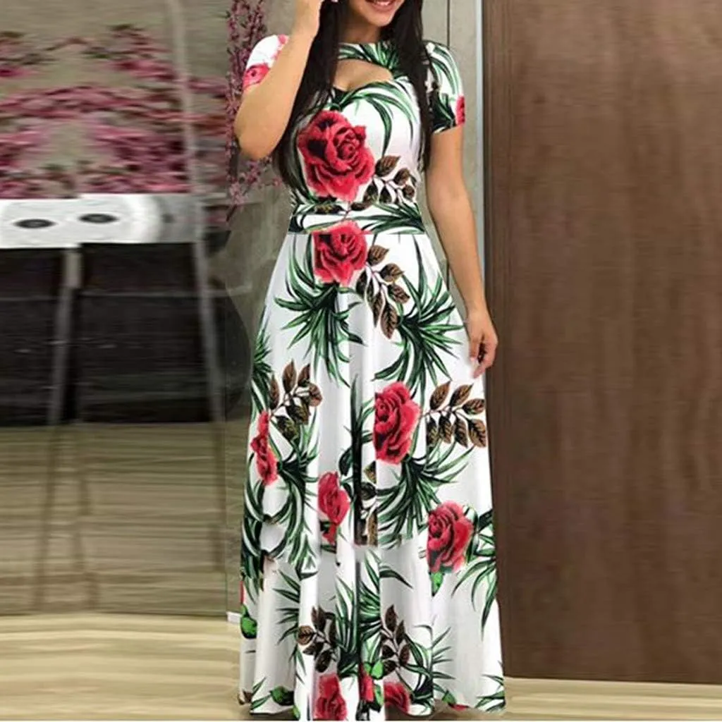 Summer Dresses for Women 2024 Floral Print Boho Long Dress Short Sleeve Hollow Out Flowy Maxi Dress Beach Dress