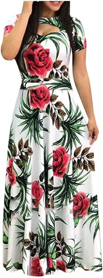 Summer Dresses for Women 2024 Floral Print Boho Long Dress Short Sleeve Hollow Out Flowy Maxi Dress Beach Dress