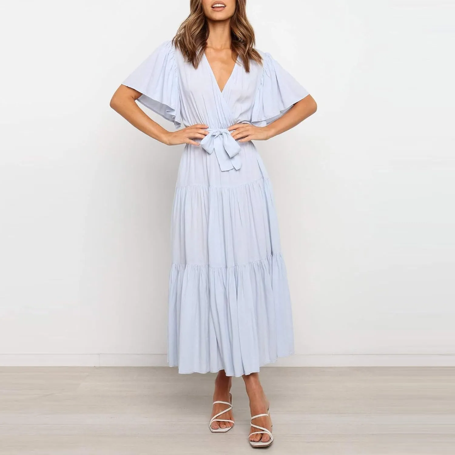 Summer Dresses for Women 2025 Beach Vacation Ruffle Short Sleeve Sundress Wrap V Neck Wedding Guest Long Maxi Dress