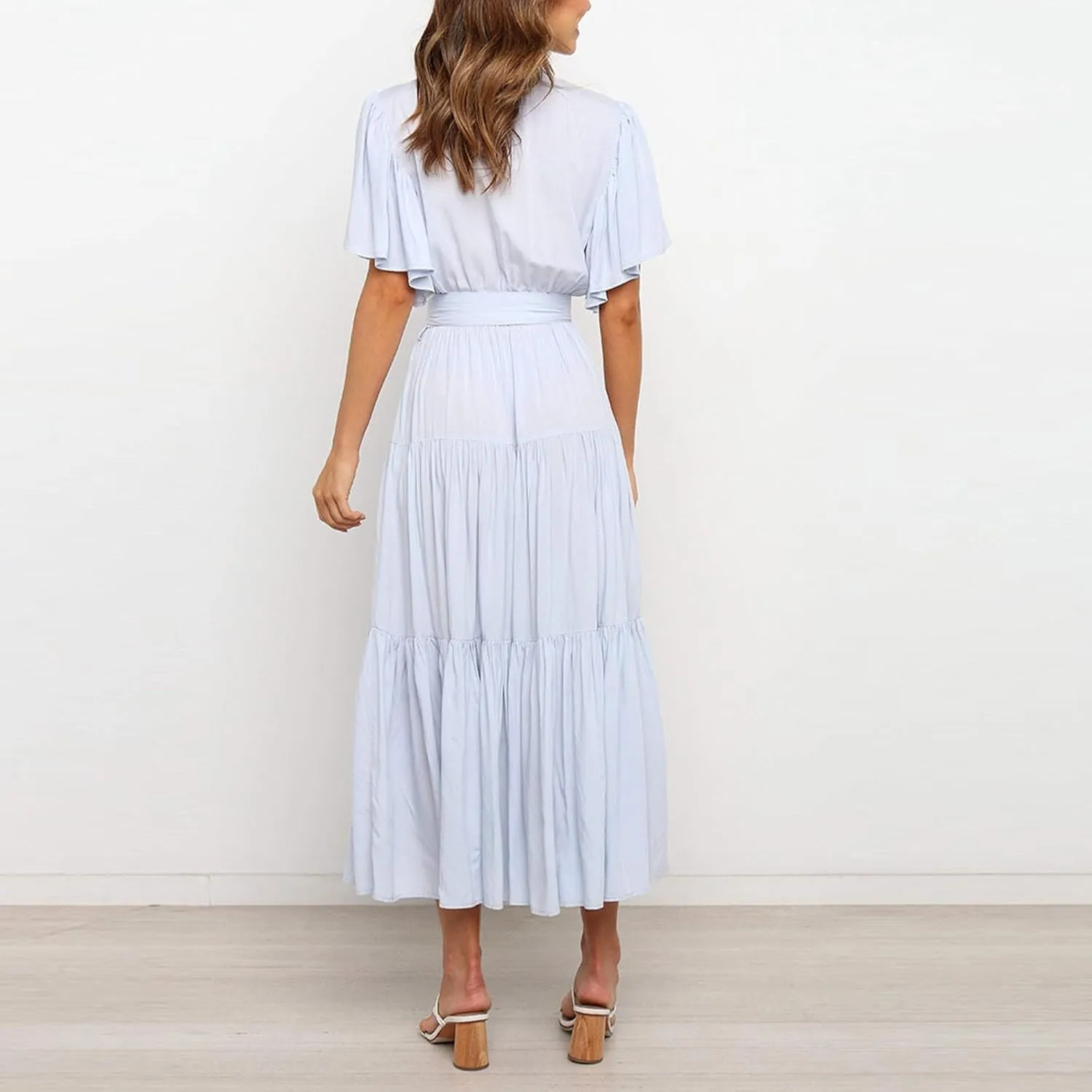 Summer Dresses for Women 2025 Beach Vacation Ruffle Short Sleeve Sundress Wrap V Neck Wedding Guest Long Maxi Dress