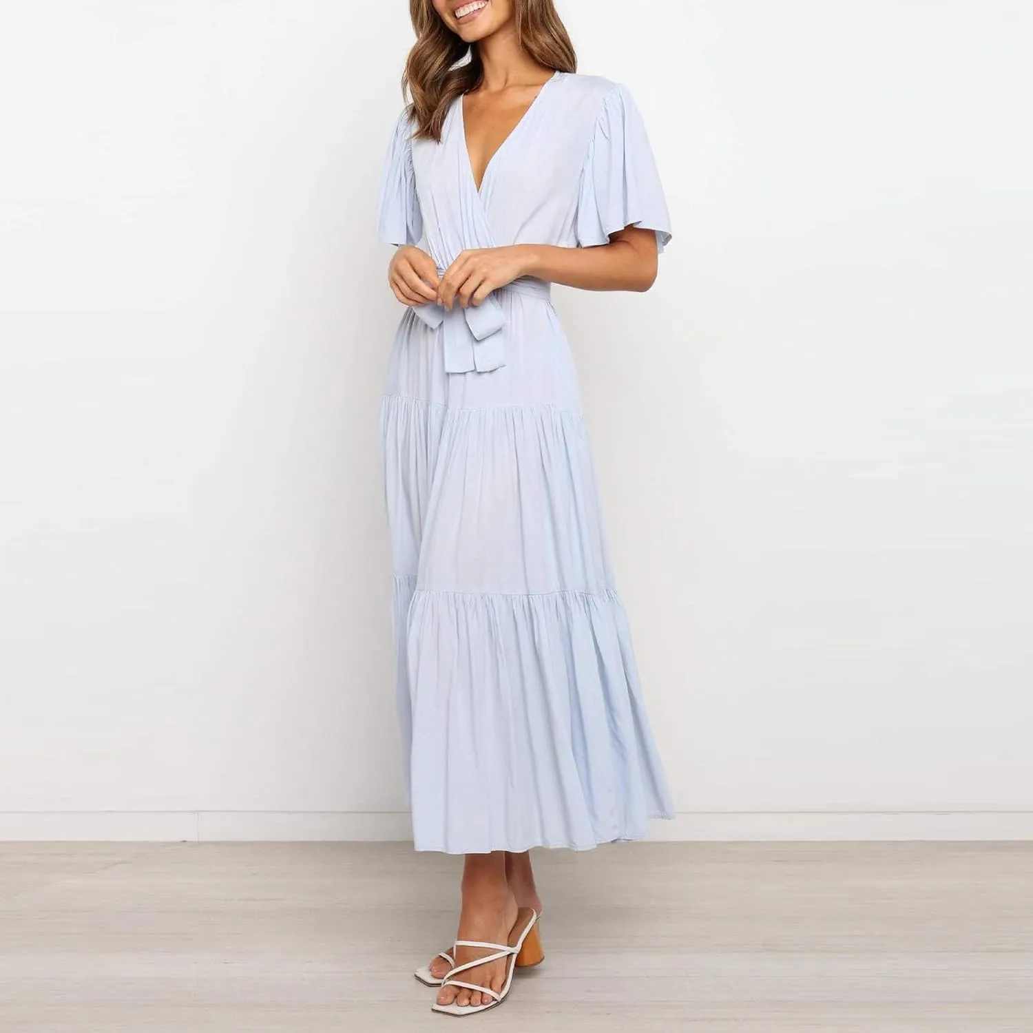 Summer Dresses for Women 2025 Beach Vacation Ruffle Short Sleeve Sundress Wrap V Neck Wedding Guest Long Maxi Dress