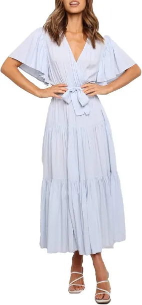 Summer Dresses for Women 2025 Beach Vacation Ruffle Short Sleeve Sundress Wrap V Neck Wedding Guest Long Maxi Dress