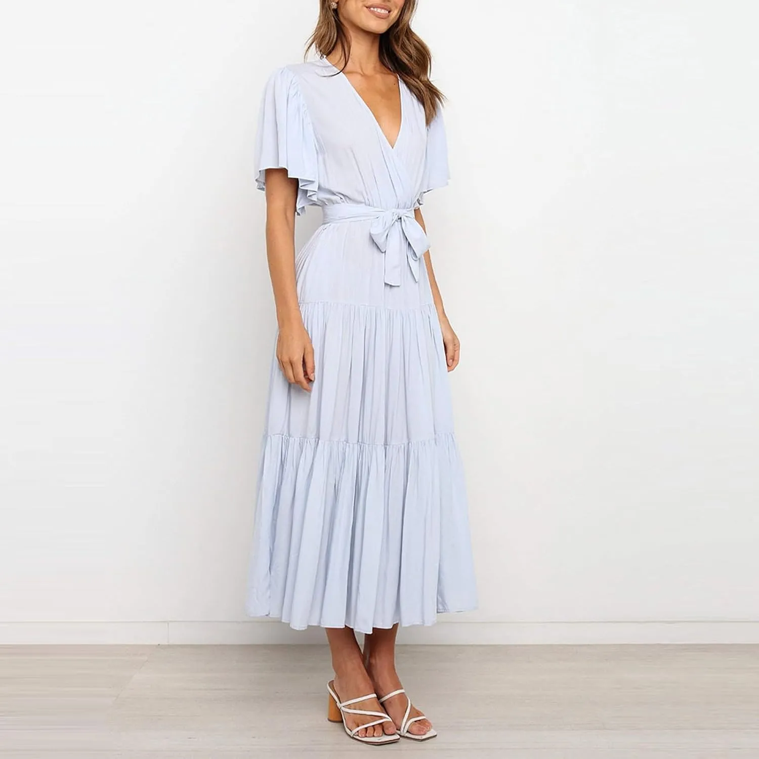 Summer Dresses for Women 2025 Beach Vacation Ruffle Short Sleeve Sundress Wrap V Neck Wedding Guest Long Maxi Dress