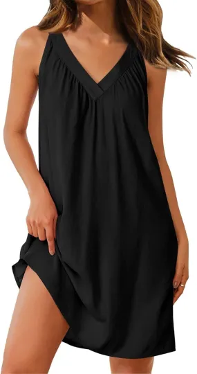 Summer Dresses for Women 2025 Sleeveless V Neck Dress Pleated Tank Mini Dress A-line Swing Loose Sexy Dresses