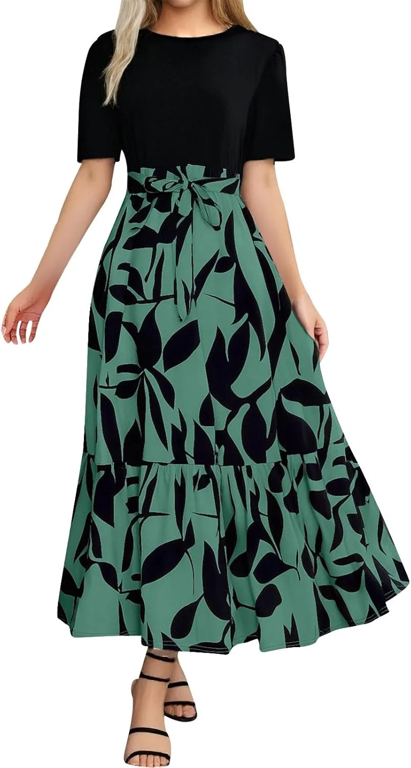 Summer Dresses for Women 2025 Tie Belted Patchwork Ruffle Hem A Line Boho Maxi Dress Short Sleeve Crewneck Long Dress