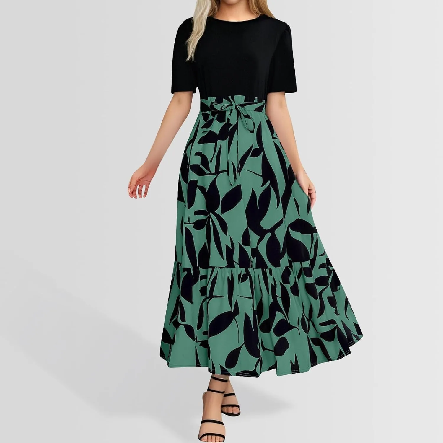 Summer Dresses for Women 2025 Tie Belted Patchwork Ruffle Hem A Line Boho Maxi Dress Short Sleeve Crewneck Long Dress