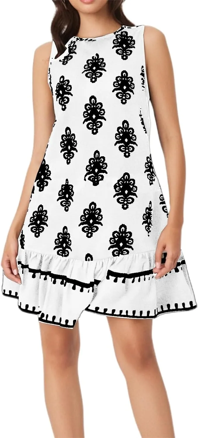 Summer Dresses for Women Beach Floral Tshirt Sleeveless Flowy Sundress Casual Pocket Loose Boho Swing Mini Tank Dress