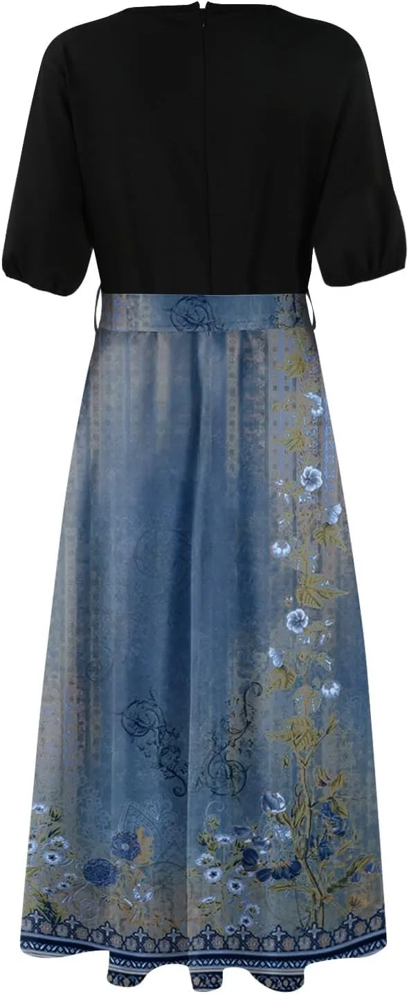 Summer Dresses for Women Short Sleeve Flowy Dress V Neck Elegant Maxi Dress with Belt Split Long Dresses