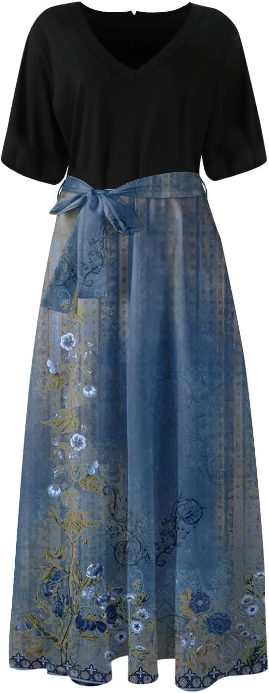 Summer Dresses for Women Short Sleeve Flowy Dress V Neck Elegant Maxi Dress with Belt Split Long Dresses