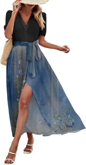 Summer Dresses for Women Short Sleeve Flowy Dress V Neck Elegant Maxi Dress with Belt Split Long Dresses
