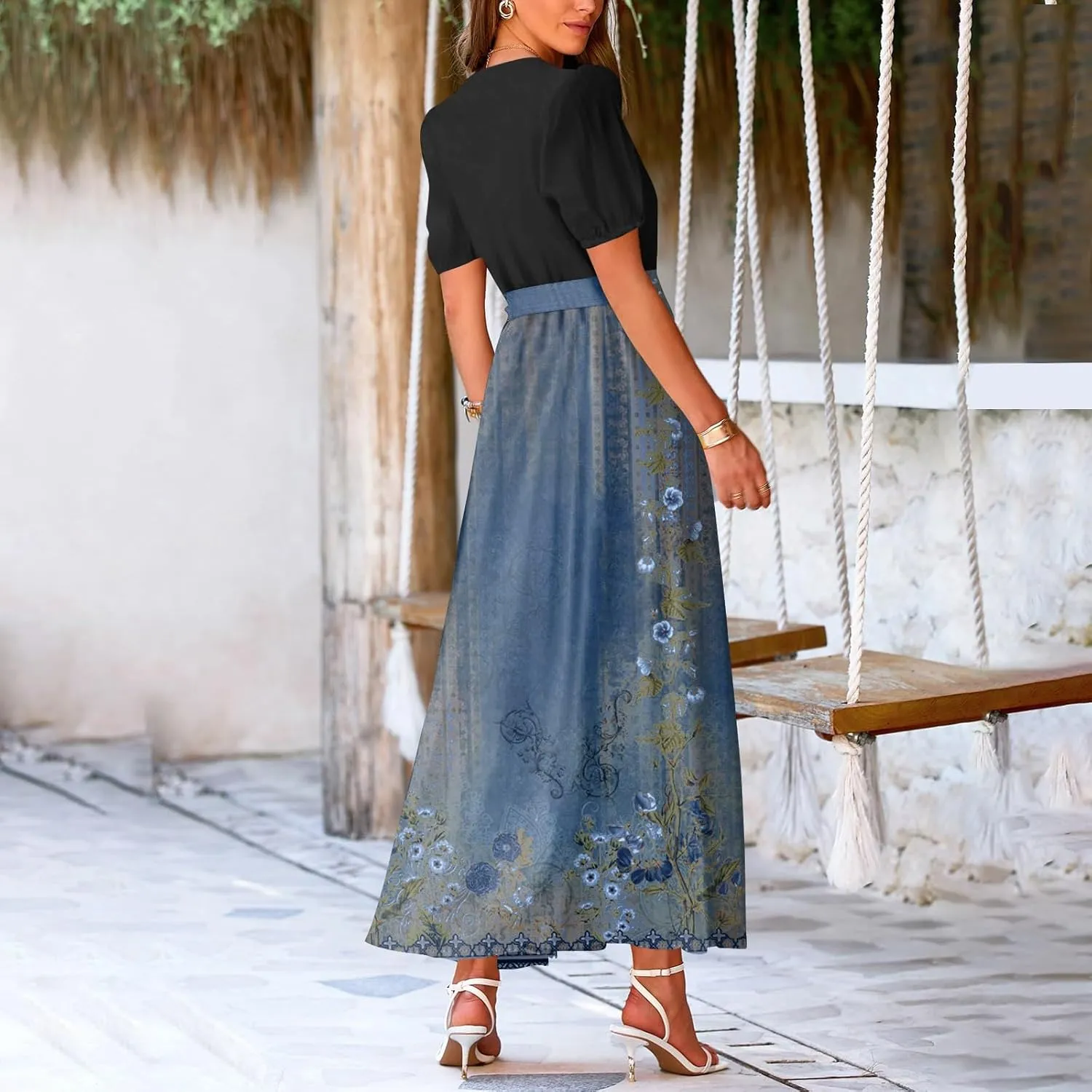 Summer Dresses for Women Short Sleeve Flowy Dress V Neck Elegant Maxi Dress with Belt Split Long Dresses