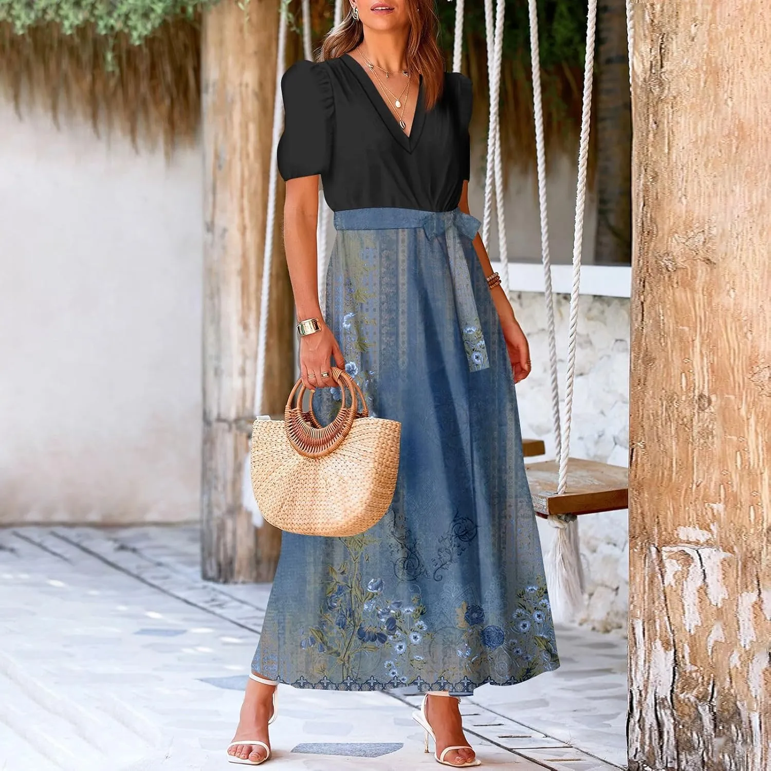 Summer Dresses for Women Short Sleeve Flowy Dress V Neck Elegant Maxi Dress with Belt Split Long Dresses