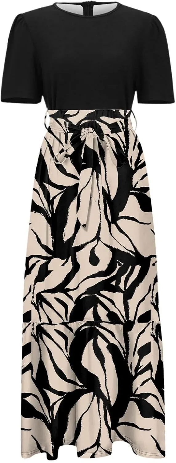 Summer Dresses for Women Tie Belted Patchwork Ruffle Hem A Line Boho Maxi Dress Short Sleeve Crewneck Flowy Long Dress