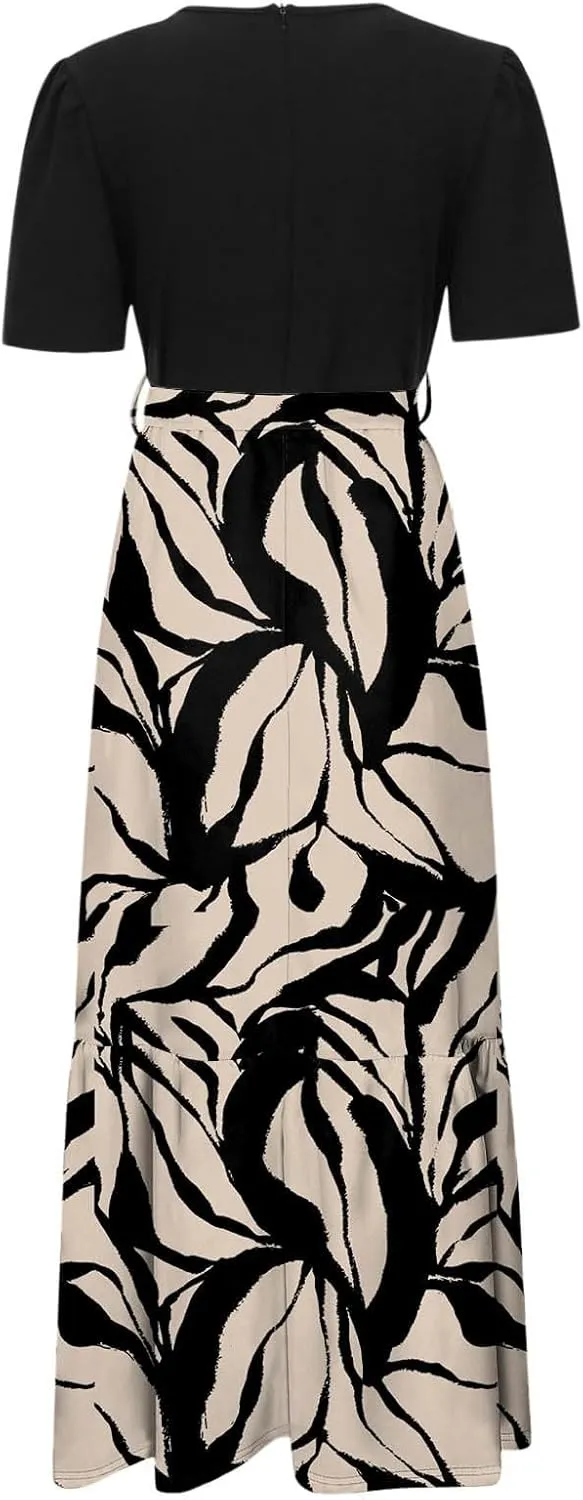 Summer Dresses for Women Tie Belted Patchwork Ruffle Hem A Line Boho Maxi Dress Short Sleeve Crewneck Flowy Long Dress