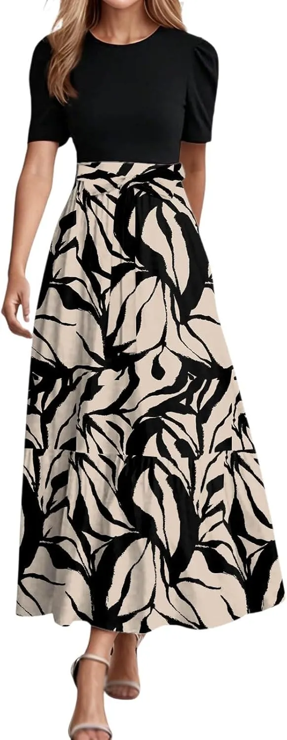Summer Dresses for Women Tie Belted Patchwork Ruffle Hem A Line Boho Maxi Dress Short Sleeve Crewneck Flowy Long Dress