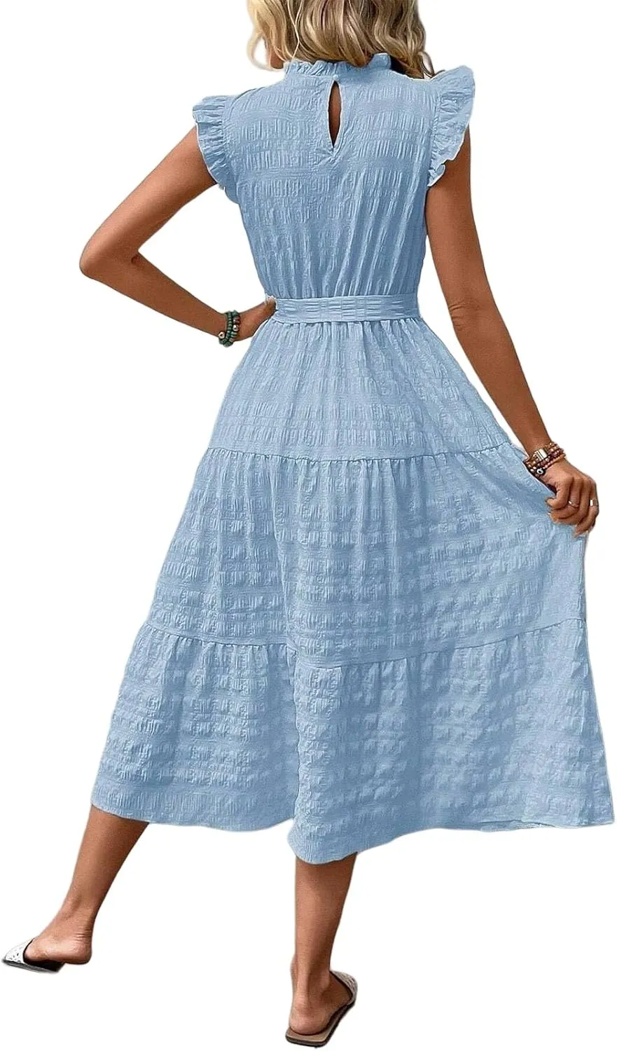 Summer Maxi Dresses for Women 2025 Flutter Short Sleeve Smocked Neck Long Dress Tiered Lace-up Wedding Guest Dress