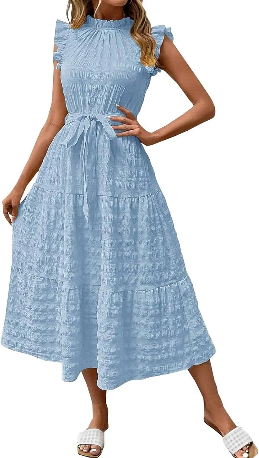 Summer Maxi Dresses for Women 2025 Flutter Short Sleeve Smocked Neck Long Dress Tiered Lace-up Wedding Guest Dress