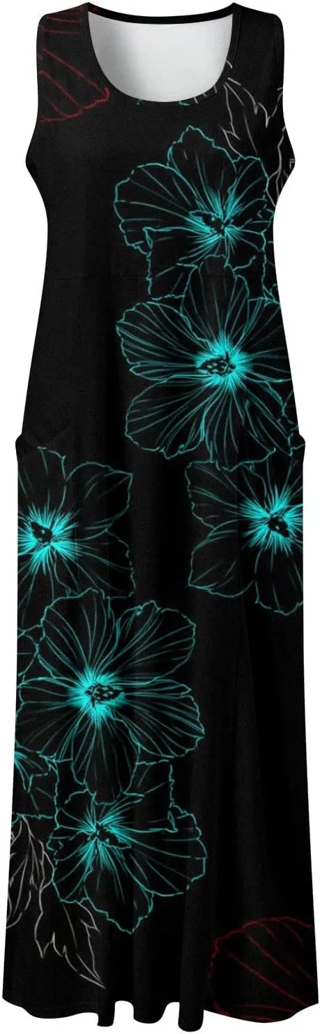 Sundresses for Women 2024 Casual Cotton Linen Maxi Dresses with Pockets Loose Print Sun Dress Plus Size Summer Dress