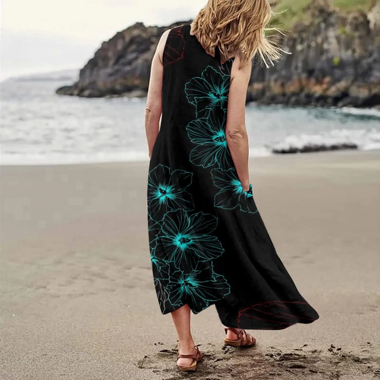 Sundresses for Women 2024 Casual Cotton Linen Maxi Dresses with Pockets Loose Print Sun Dress Plus Size Summer Dress