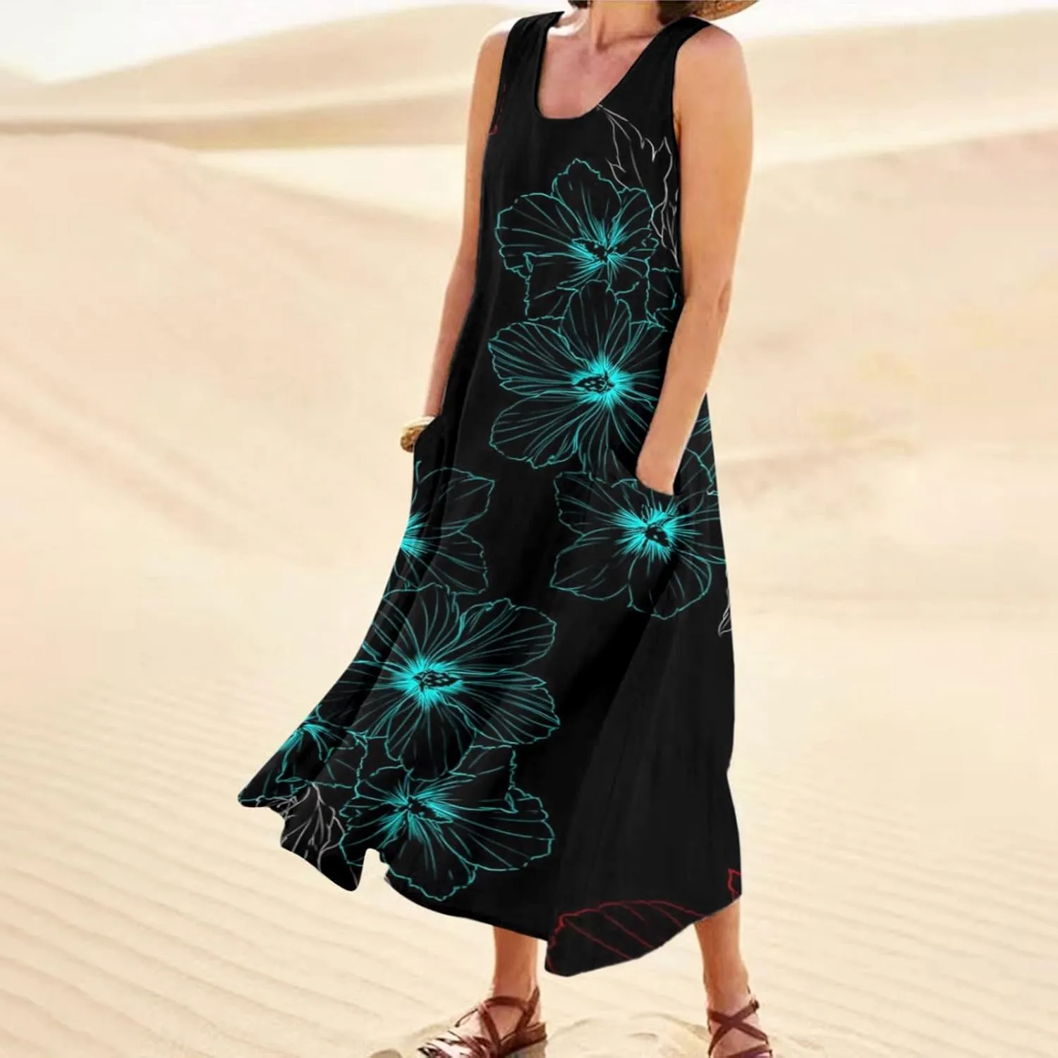 Sundresses for Women 2024 Casual Cotton Linen Maxi Dresses with Pockets Loose Print Sun Dress Plus Size Summer Dress