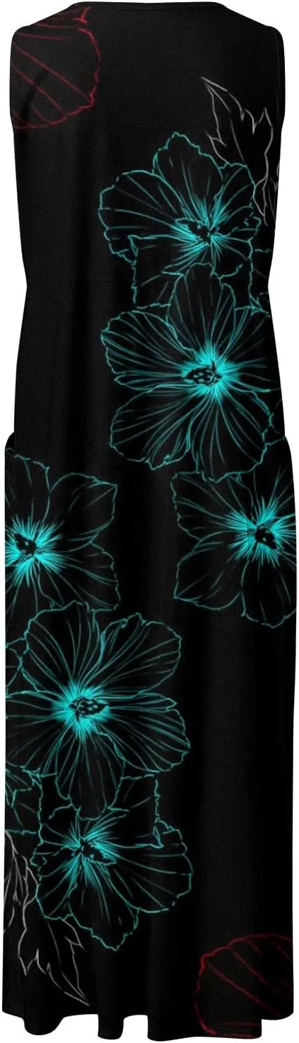 Sundresses for Women 2024 Casual Cotton Linen Maxi Dresses with Pockets Loose Print Sun Dress Plus Size Summer Dress