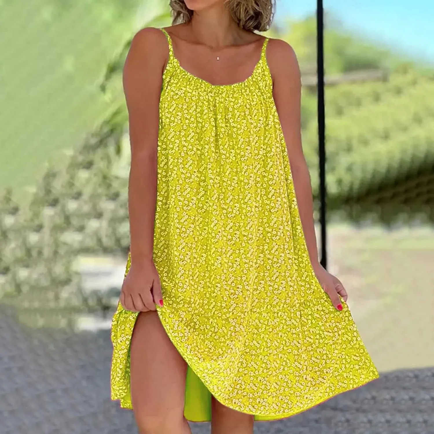 Sundresses for Women 2024 Floral Print Spaghetti Strap Casual Midi Dress Loose Flowy Boho Beach Dress Summer Dresses