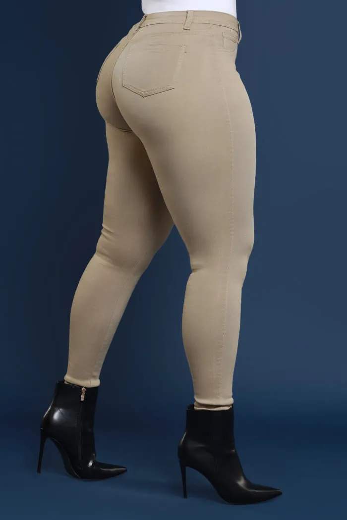 Super Swank High Rise Belt Loop Stretchy Skinny Jeans - Khaki