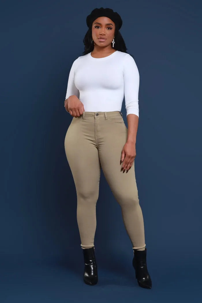 Super Swank High Rise Belt Loop Stretchy Skinny Jeans - Khaki