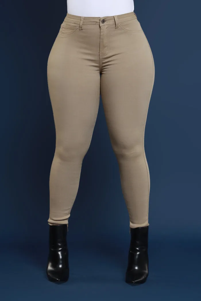 Super Swank High Rise Belt Loop Stretchy Skinny Jeans - Khaki