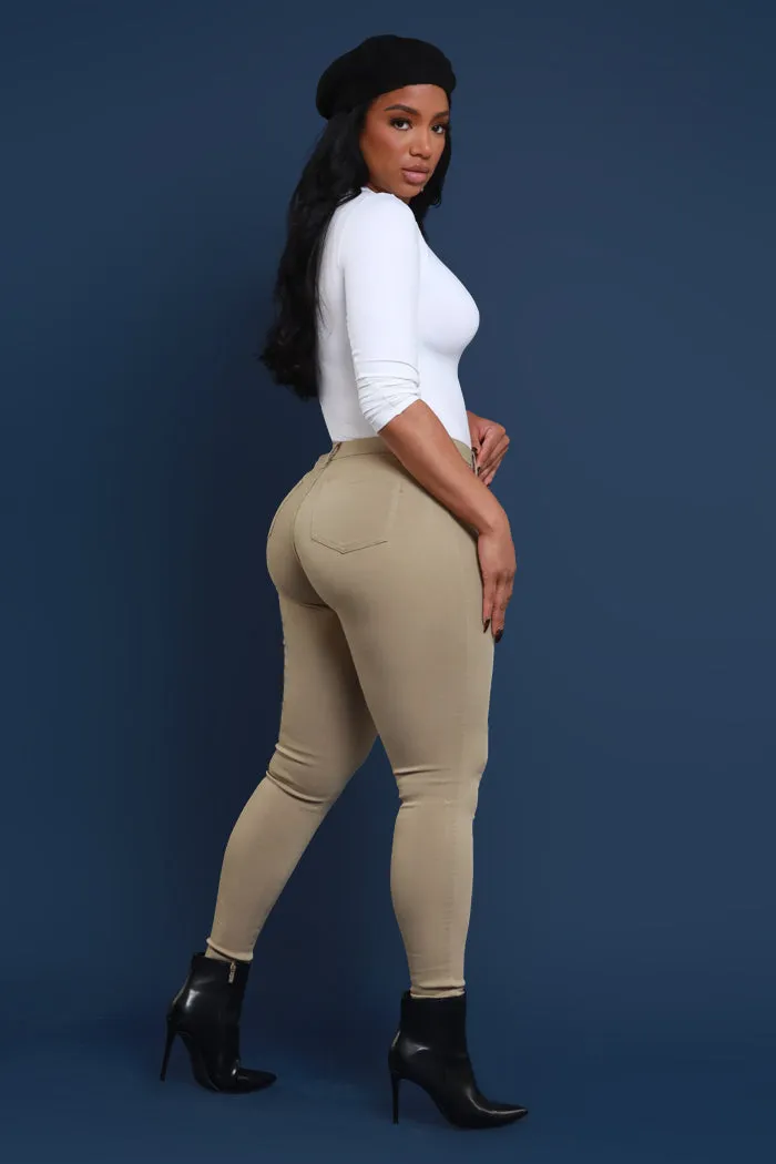 Super Swank High Rise Belt Loop Stretchy Skinny Jeans - Khaki