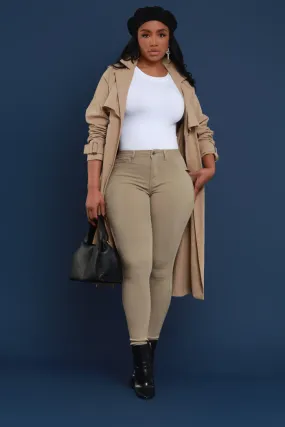 Super Swank High Rise Belt Loop Stretchy Skinny Jeans - Khaki