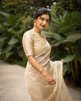 Symmetrical Beige Soft Silk Saree With Prodigal Blouse Piece