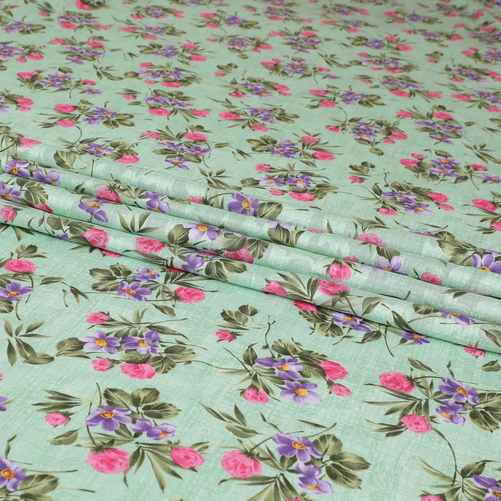 Tea green cotton voile fabric with same tone jacquard having purple, hot pink and olive green print in floral design-D6311