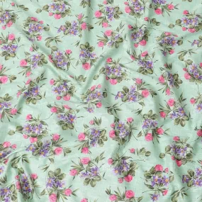 Tea green cotton voile fabric with same tone jacquard having purple, hot pink and olive green print in floral design-D6311