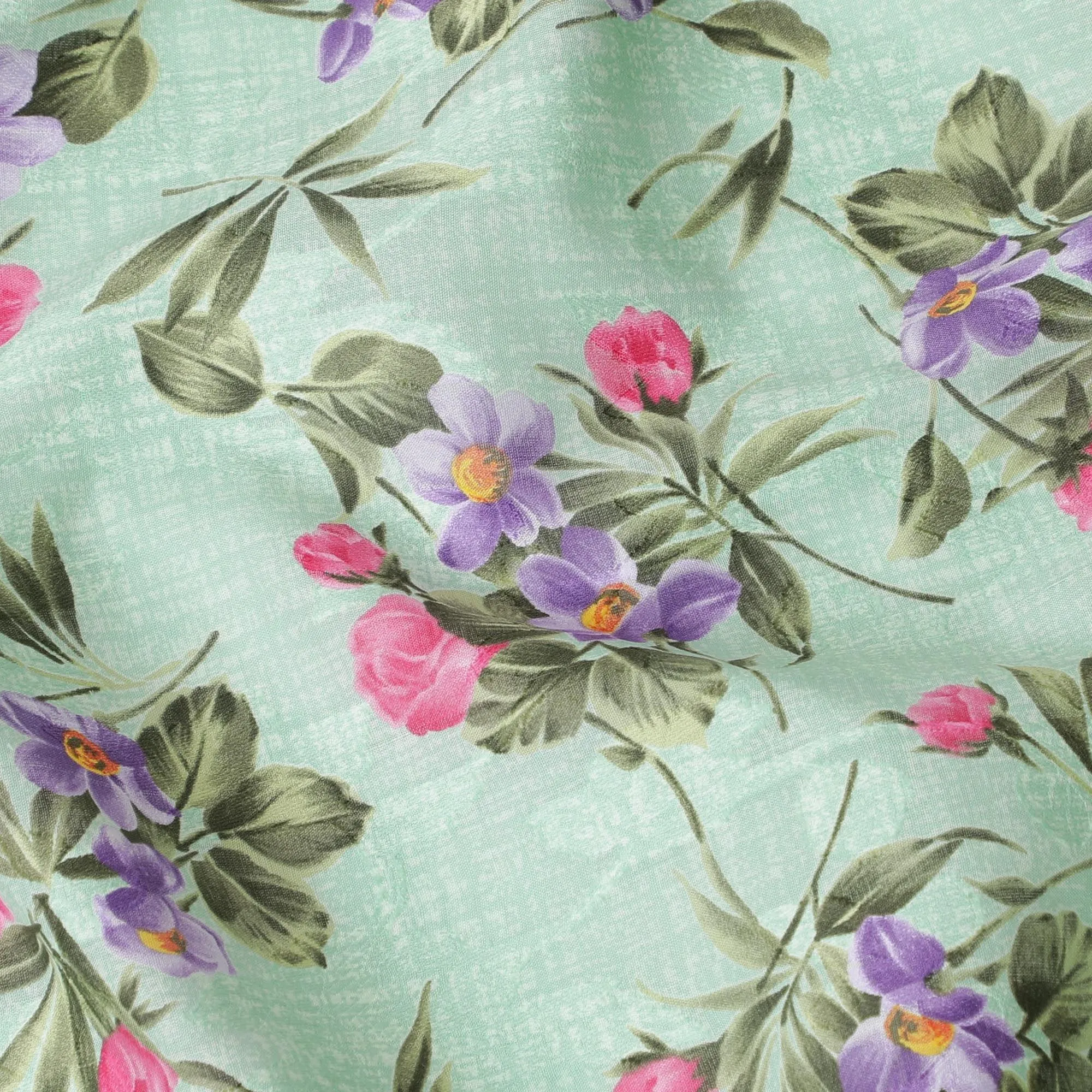 Tea green cotton voile fabric with same tone jacquard having purple, hot pink and olive green print in floral design-D6311