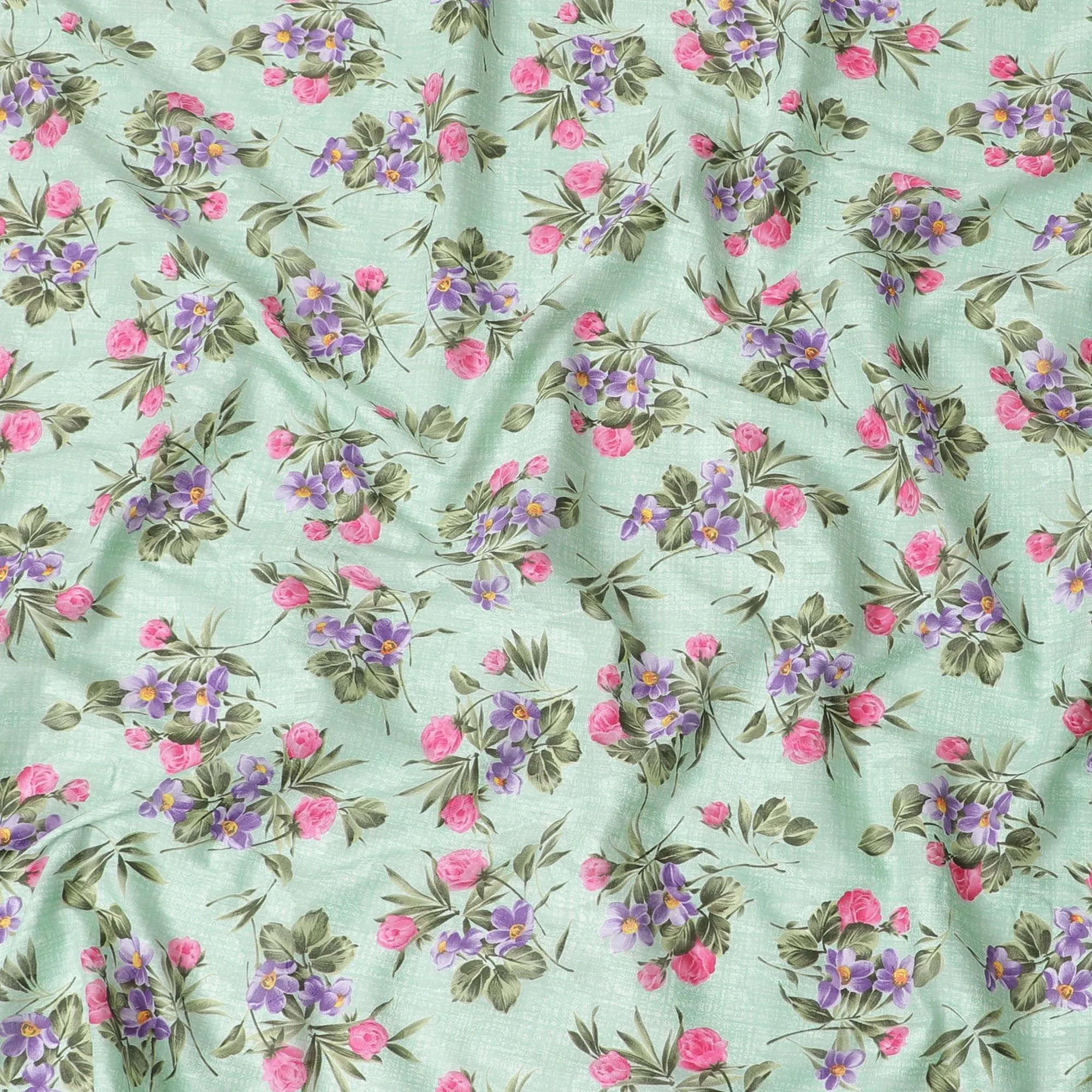 Tea green cotton voile fabric with same tone jacquard having purple, hot pink and olive green print in floral design-D6311