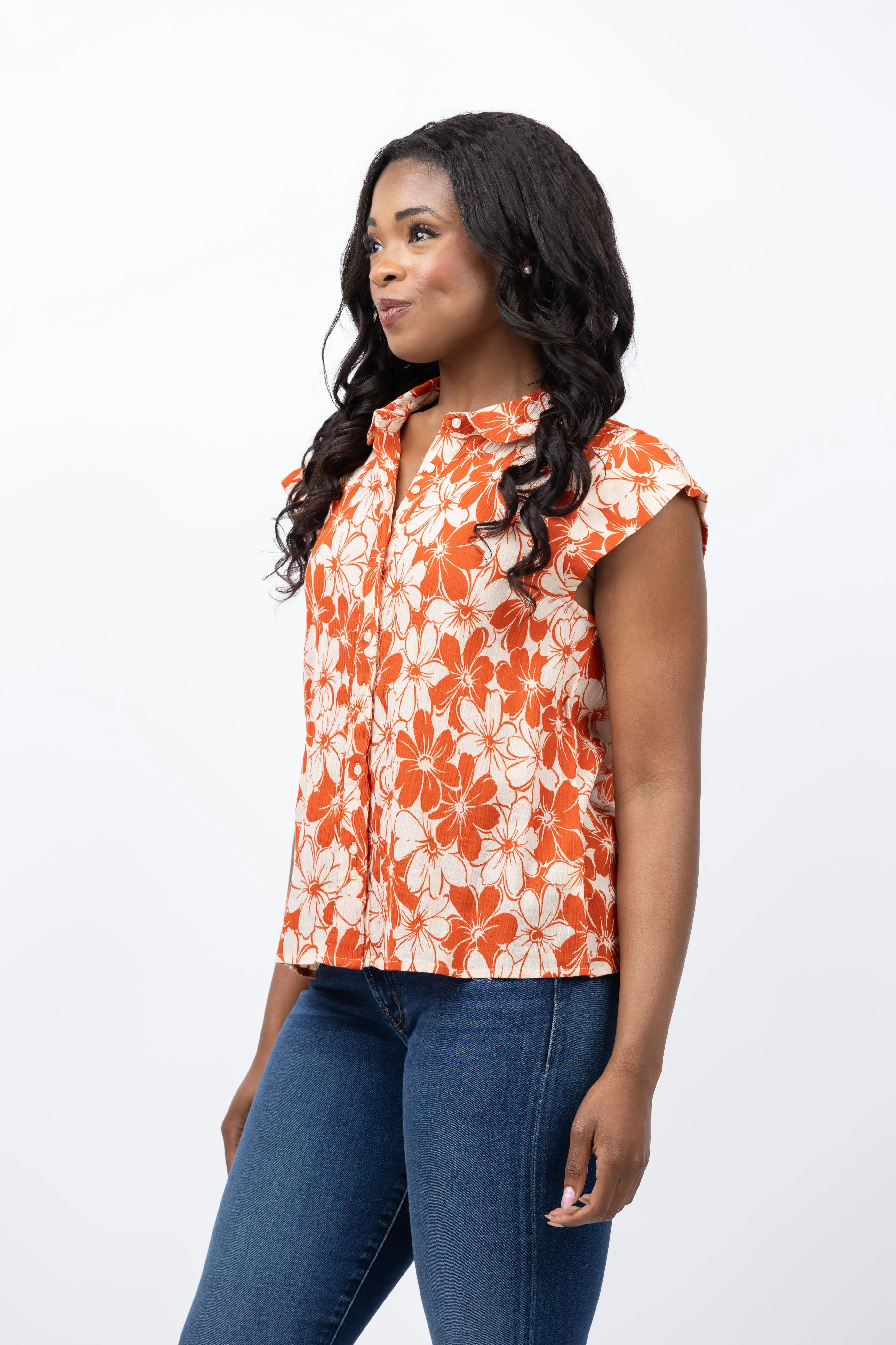 The Great. The Wren Top in Burnt Red Hibiscus Flower