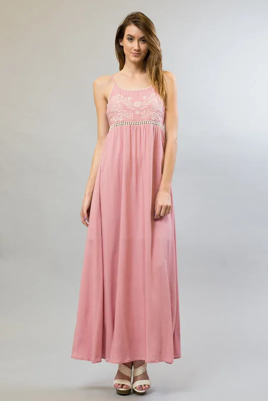Top Emroidery Lace Trim Neck Lining Maxi Dress