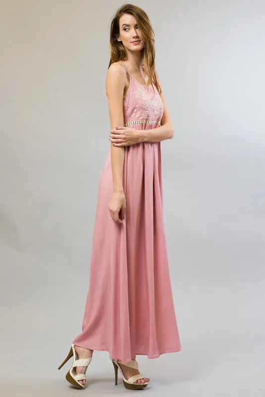 Top Emroidery Lace Trim Neck Lining Maxi Dress