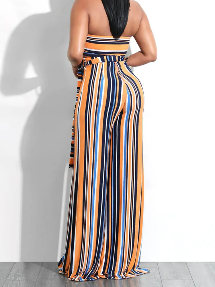 Two Piece Outfits Stripe Bandeau Top Wide Leg Pants Sets