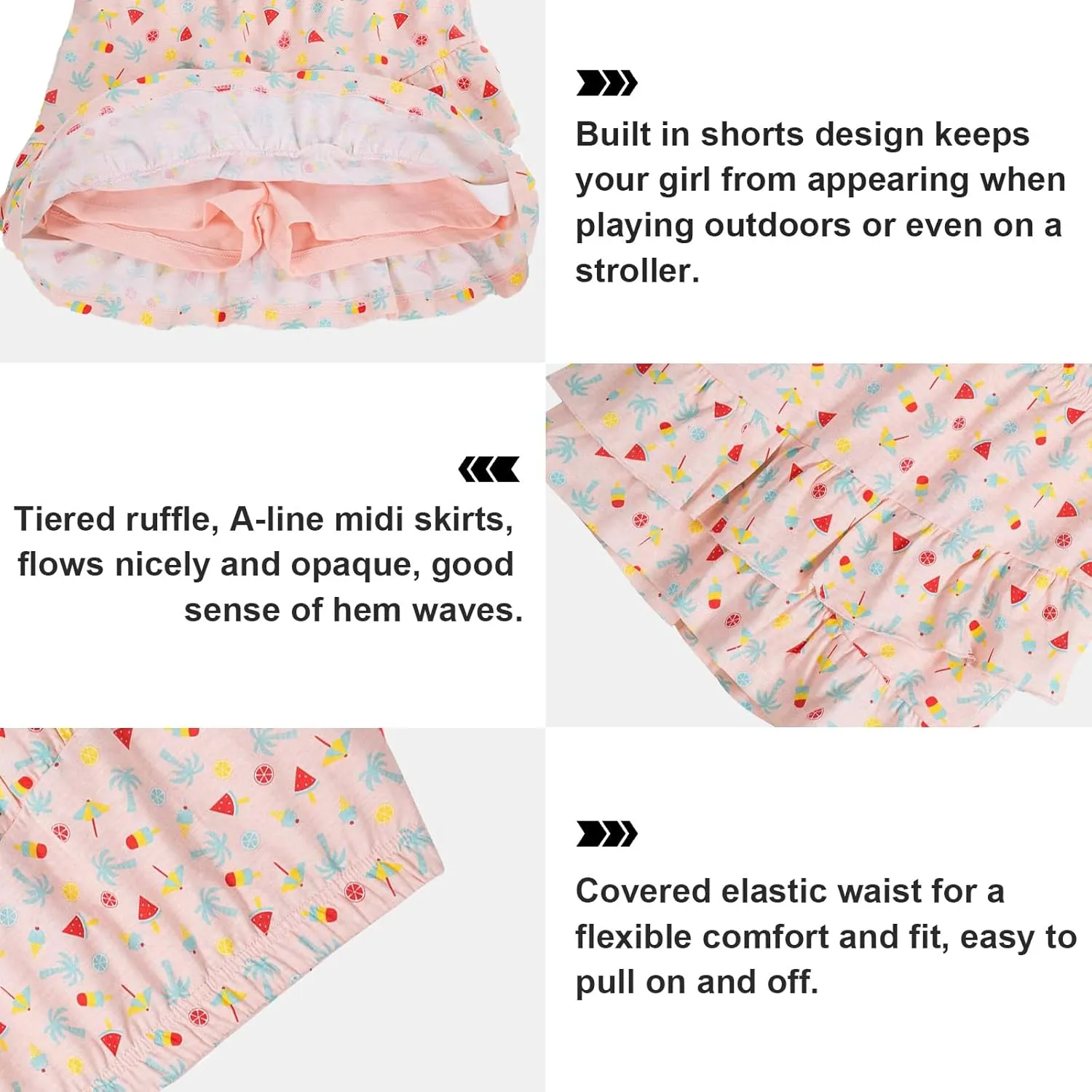 UNACOO 2 Packs 100% Cotton Tiered Ruffle Skirt with Elastic Waistband for Girls