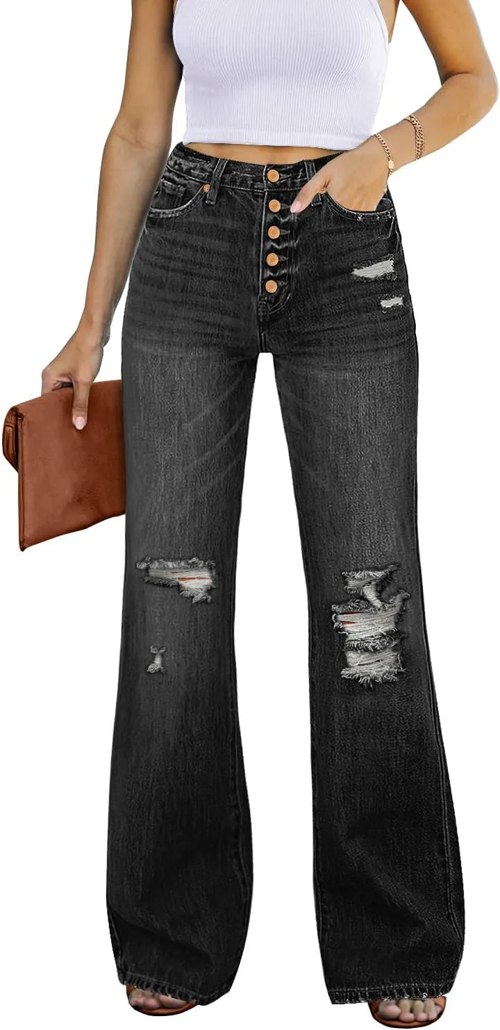 Utyful Women's High Waist Relaxed Fit Ripped Jeans Stretchy Flare Jeans Denim Pants